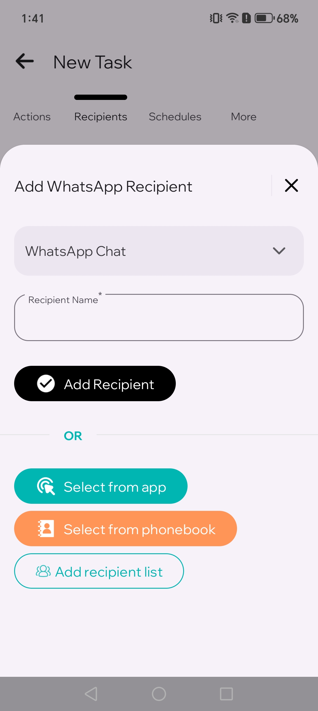 Recipient selection screen listing chats and contacts
