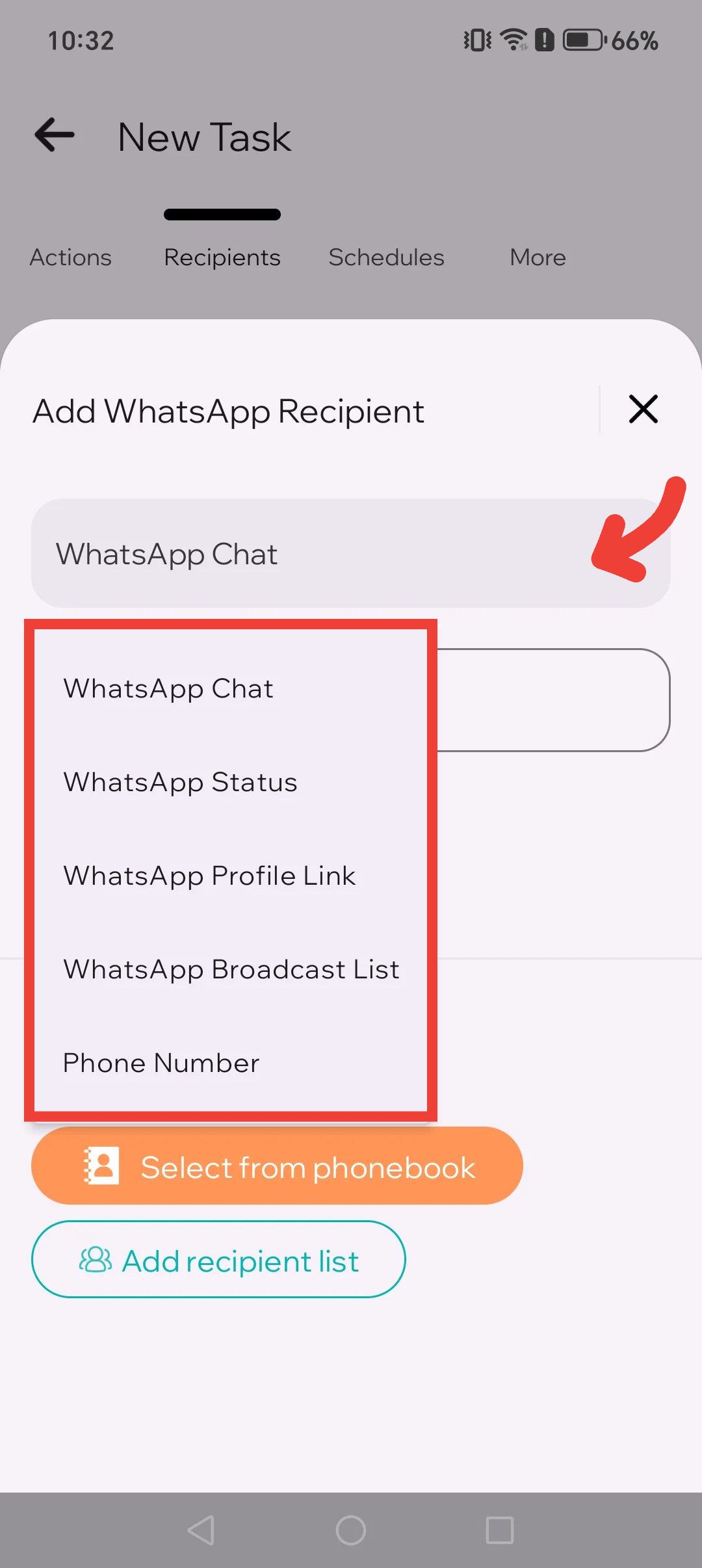 Recipient type selection list showing chats and groups